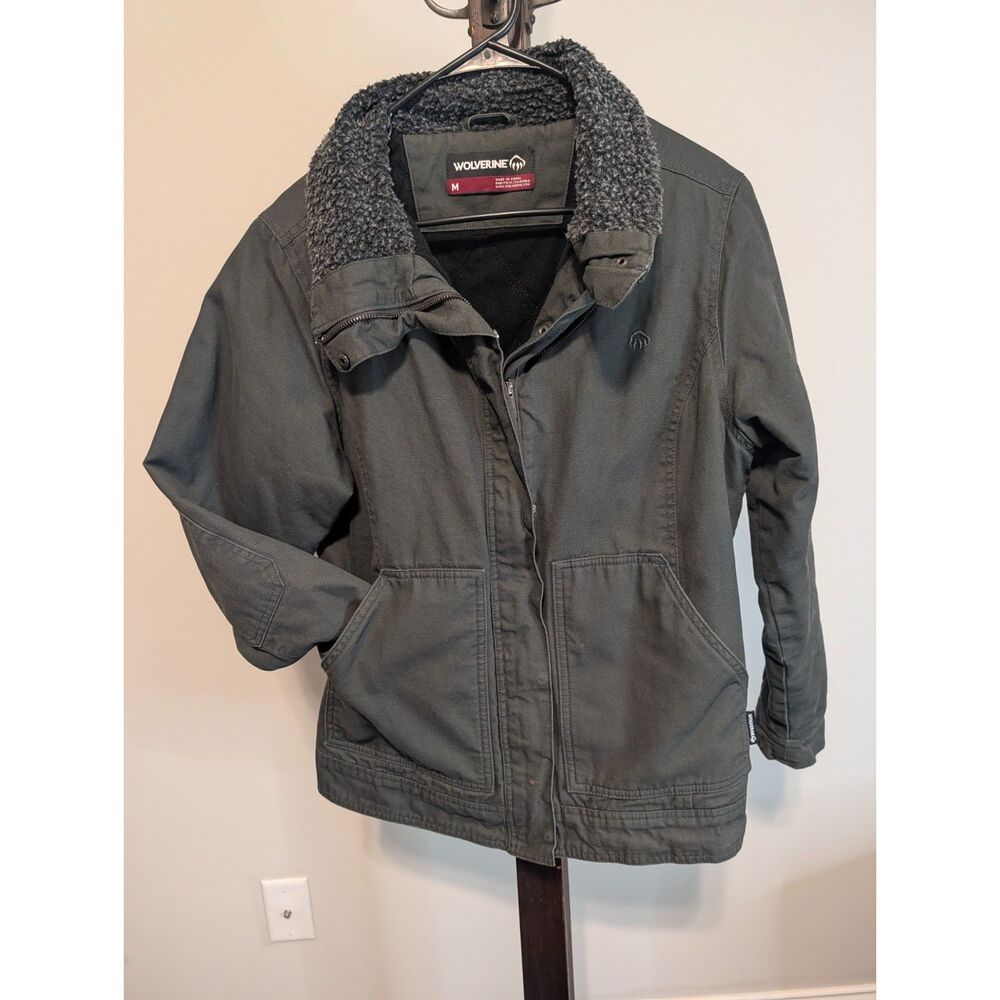 Wolverine Sherpa Collar Canvas Jacket Men's Medium Olive Green Full Zip Workwear - Picture 2 of 7